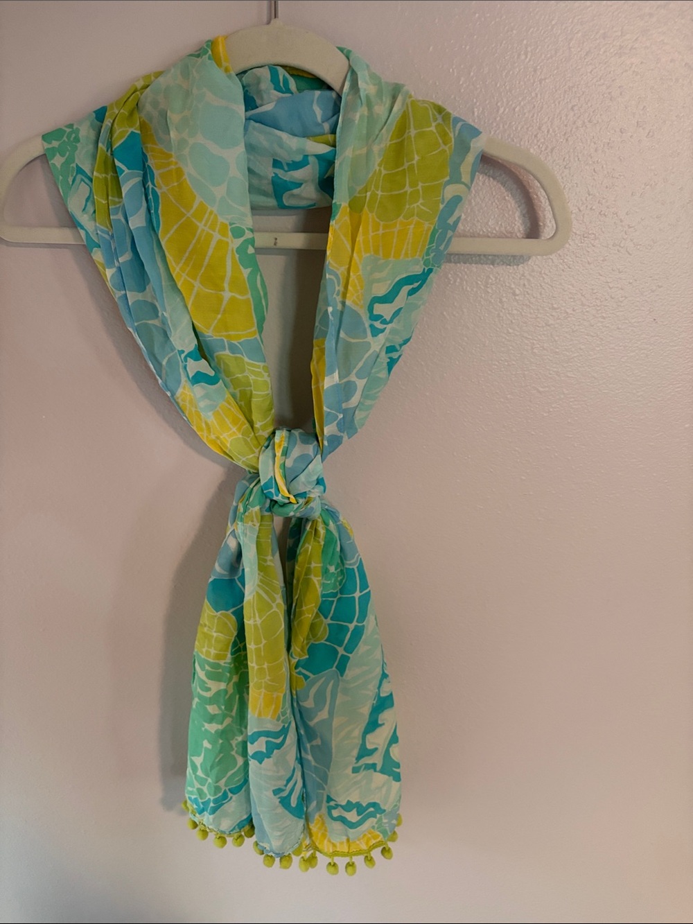 Lilly Pulitzer scarf in turquoise, yellow, lime green and white